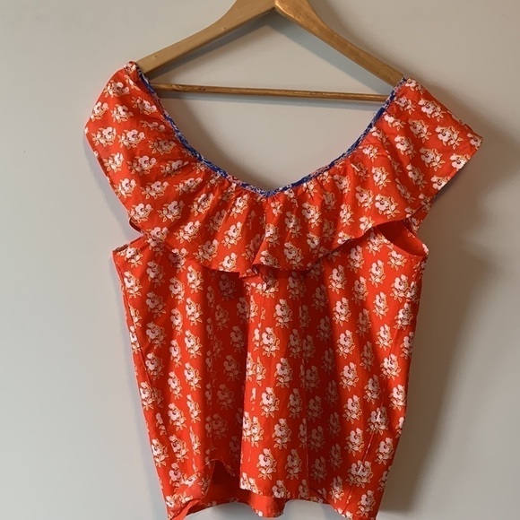 J. Crew Classic Floral Block Ruffle V Neck Orange Summer Top Size Small - Picture 11 of 16